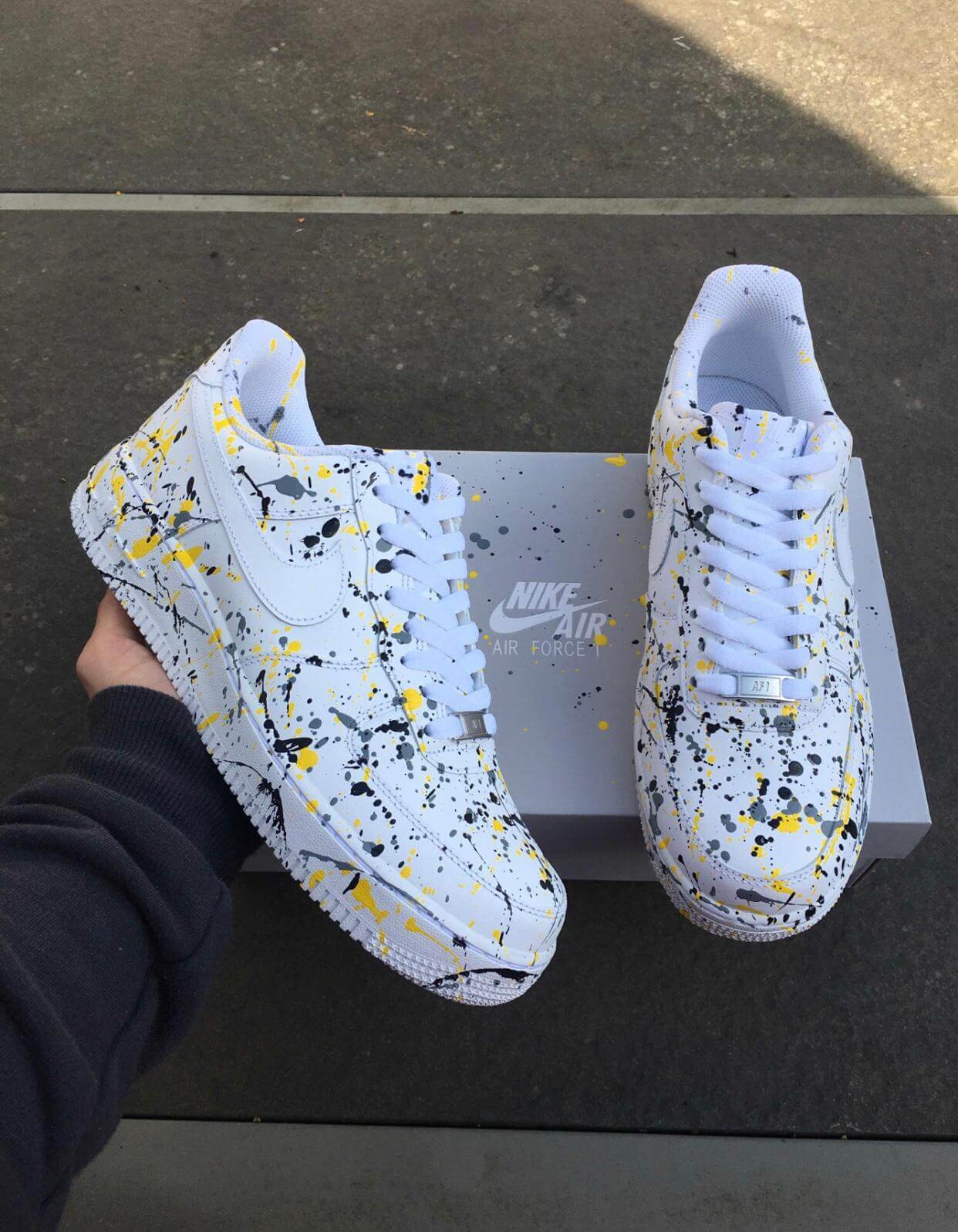 splattered paint on white leather nike air force 1, stylish,hype design great for nike fans,teenagers,adults and hypebeasts
